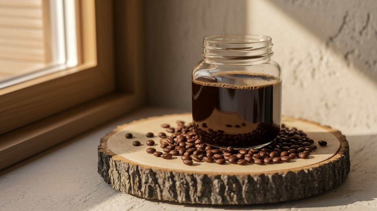 Best Coffee Beans for Cold Brew — Glass Jar of Cold Brew on Wood Slice with Scattered Coffee Beans