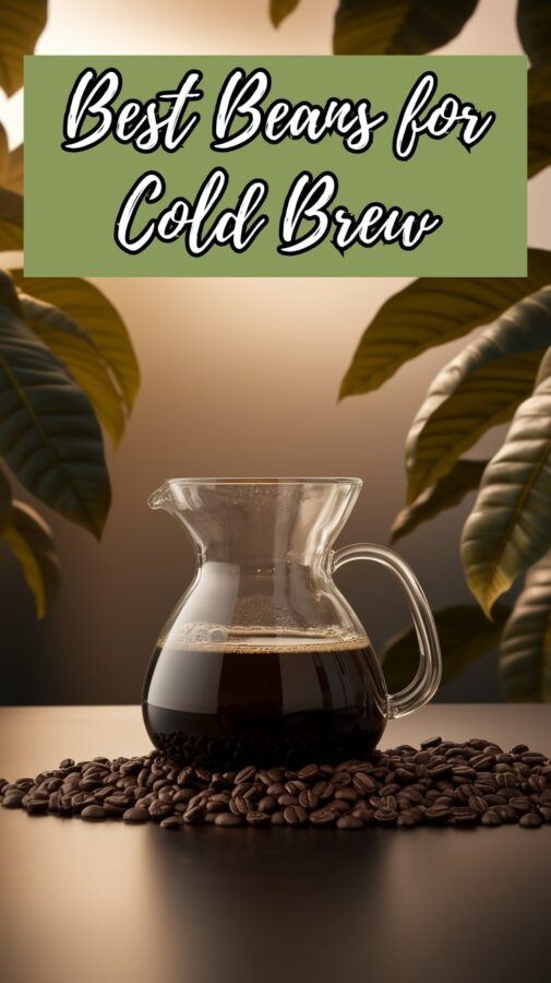 Glass Carafe of Cold Brew Surrounded by Coffee Beans with Leaf Backdrop