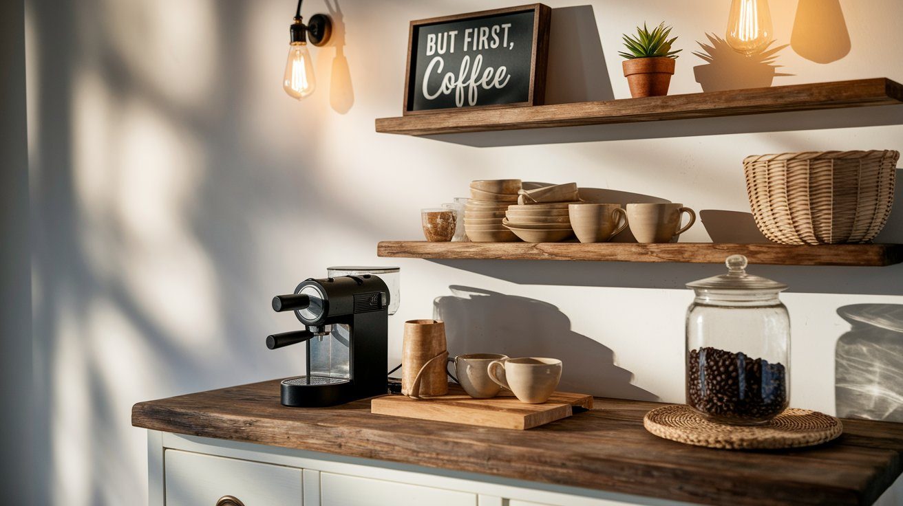 A Cozy Coffee Bar with Wooden Floating Shelves, Beige Ceramic Mugs, a “But First, Coffee” Sign, and an Espresso Machine on a Rustic Wood Countertop