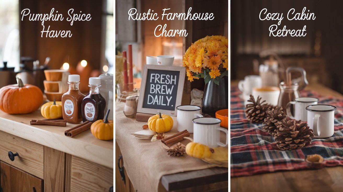 Collage of Three Fall Coffee Bars: Pumpkin Spice, Farmhouse Charm, and Cozy Cabin Styles