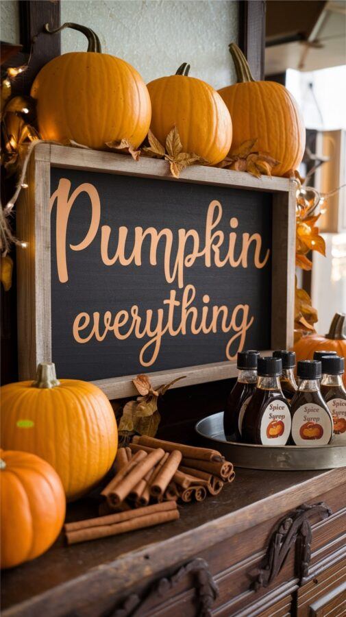 Fall Coffee Bar Ideas — Pumpkin Spice Haven A Rustic Fall Coffee Bar with Pumpkin Spice Syrups, Pumpkins, and Cinnamon Sticks