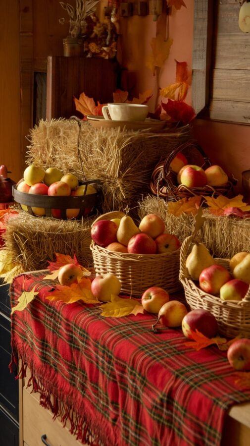 Fall Coffee Bar Ideas — Harvest Coffee Fest Autumn Coffee Bar with Hay Bales, Apples, and Pears on a Plaid Tablecloth