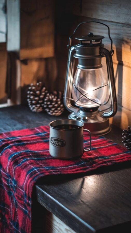 Fall Coffee Bar Ideas — Cozy Cabin Retreat Fall Coffee Setup with Pinecones, Plaid Runner, and Ceramic Mugs in a Cozy Cabin Setting