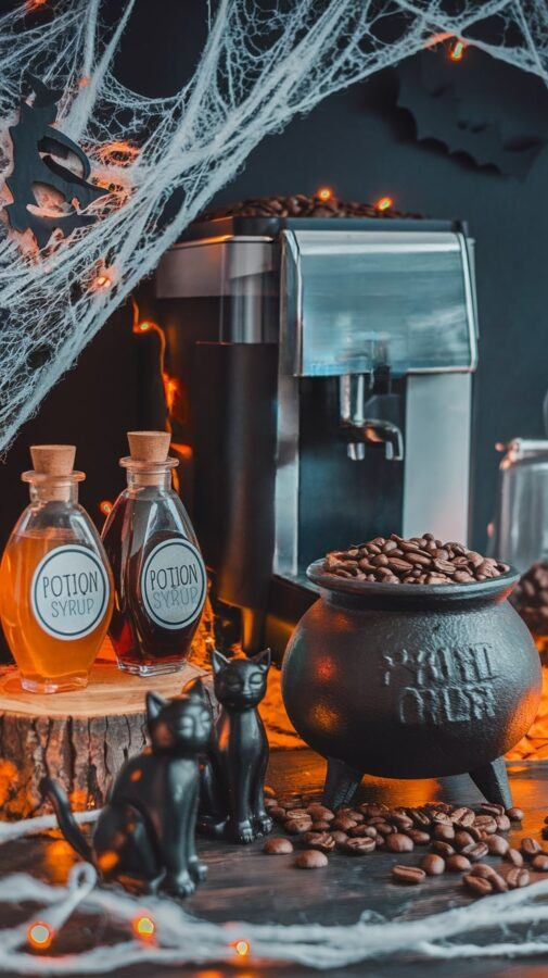Fall Coffee Bar Ideas — Spooky Brew Corner Halloween-Themed Coffee Bar with Potion Syrup Bottles, Cobwebs, and Cauldron