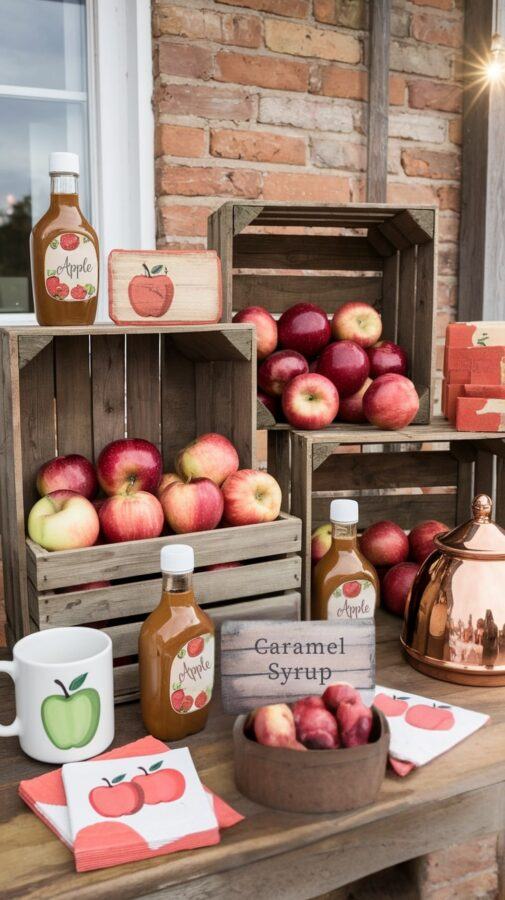 Fall Coffee Bar Ideas — Apple Orchard Charm Apple-Themed Coffee Bar with Crates of Apples, Caramel Syrup, and Rustic Signage
