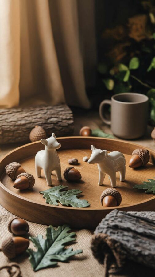 Fall Coffee Bar Ideas — Woodland Coffee Escape Earth-Toned Coffee Tray with Ceramic Forest Animal Figurines and Acorns