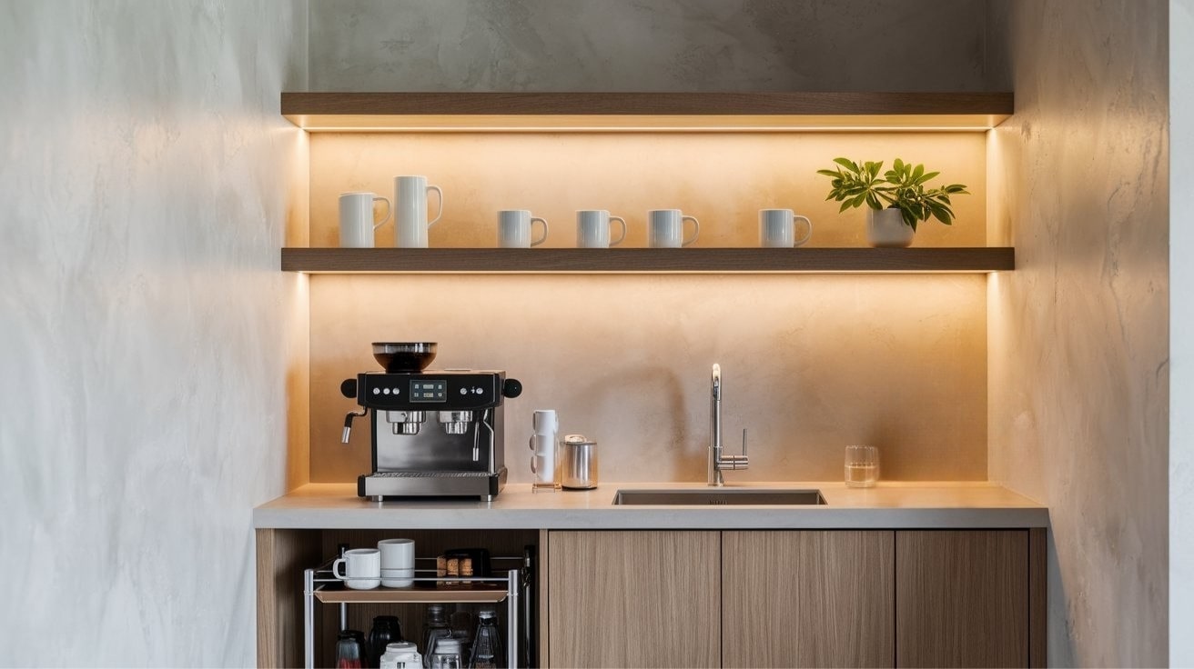 Modern Small Coffee Bar with Floating Shelves, Espresso Machine, and Warm Lighting