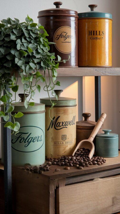 Vintage Coffee Bar Ideas — Display of Retro Coffee Tins Vintage Folgers, Hills Bros, and Maxwell House Tins Arranged on a Rustic Wood Shelf with a Coffee Scoop and Beans