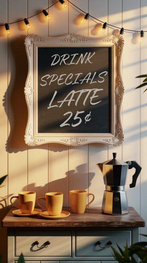 Vintage Coffee Bar Ideas — Chalkboard Latte Menu with Retro Flair Vintage Coffee Bar Ideas — Chalkboard Reading “Latte 25¢” in Cursive Above a Retro Espresso Setup with Warm Café Lights