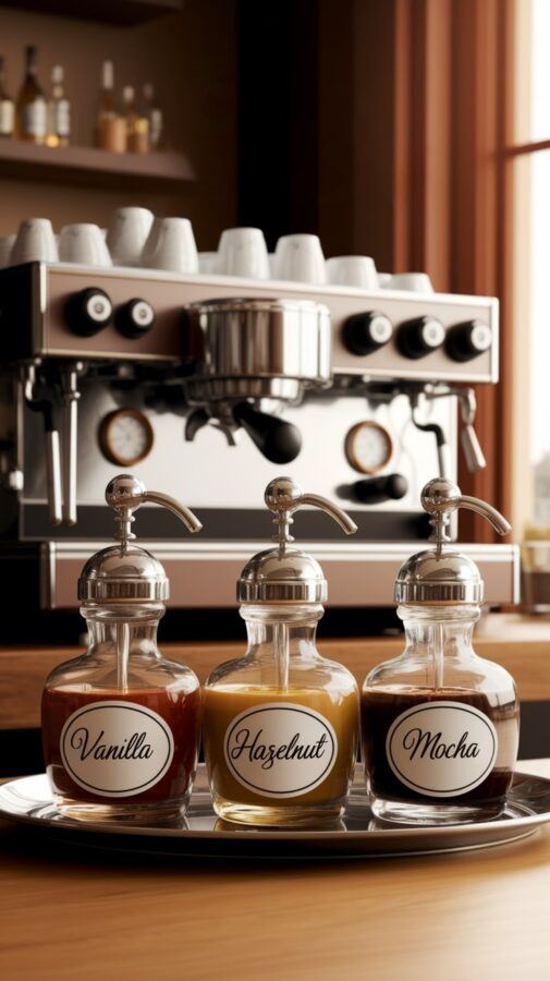 Vintage Coffee Bar Ideas — Retro Coffee Bar Styling with Glass Syrup Dispensers Trio Vintage Coffee Bar with Labeled Glass Syrup Dispensers in Front of a Professional Espresso Machine