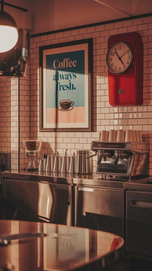Vintage Coffee Bar Ideas — Retro Coffee Bar Signage and Clock Coffee Shop Scene with a Red Wall Clock, “Coffee Always Fresh” Sign, and Stainless Coffee Setup