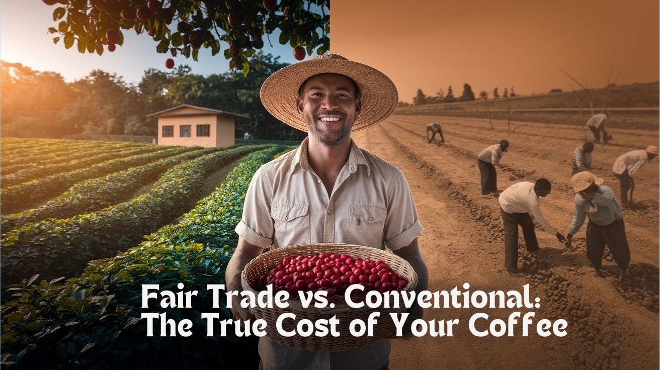 Why Fair Trade Coffee Costs More — Split Image of a Smiling Farmer Holding Cherries, with a Fair Trade Farm on One Side and a Conventional Farm on the Other