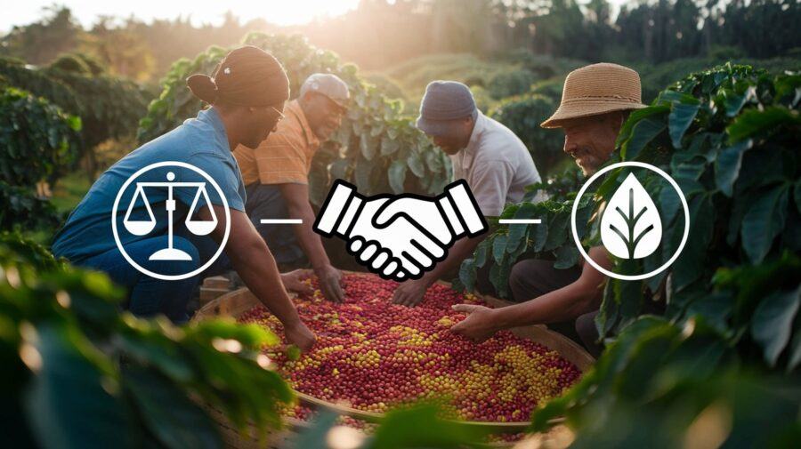 Why Fair Trade Coffee Costs More — Coffee Farmers Sorting Cherries by Hand on a Lush Farm, with Overlay Icons Showing Justice, Fair Trade, and Sustainability
