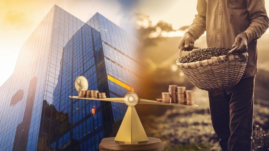 Why Fair Trade Coffee Costs More — A Scale Showing Unequal Coin Stacks Between a Tall Corporate Building and a Coffee Farmer with Beans