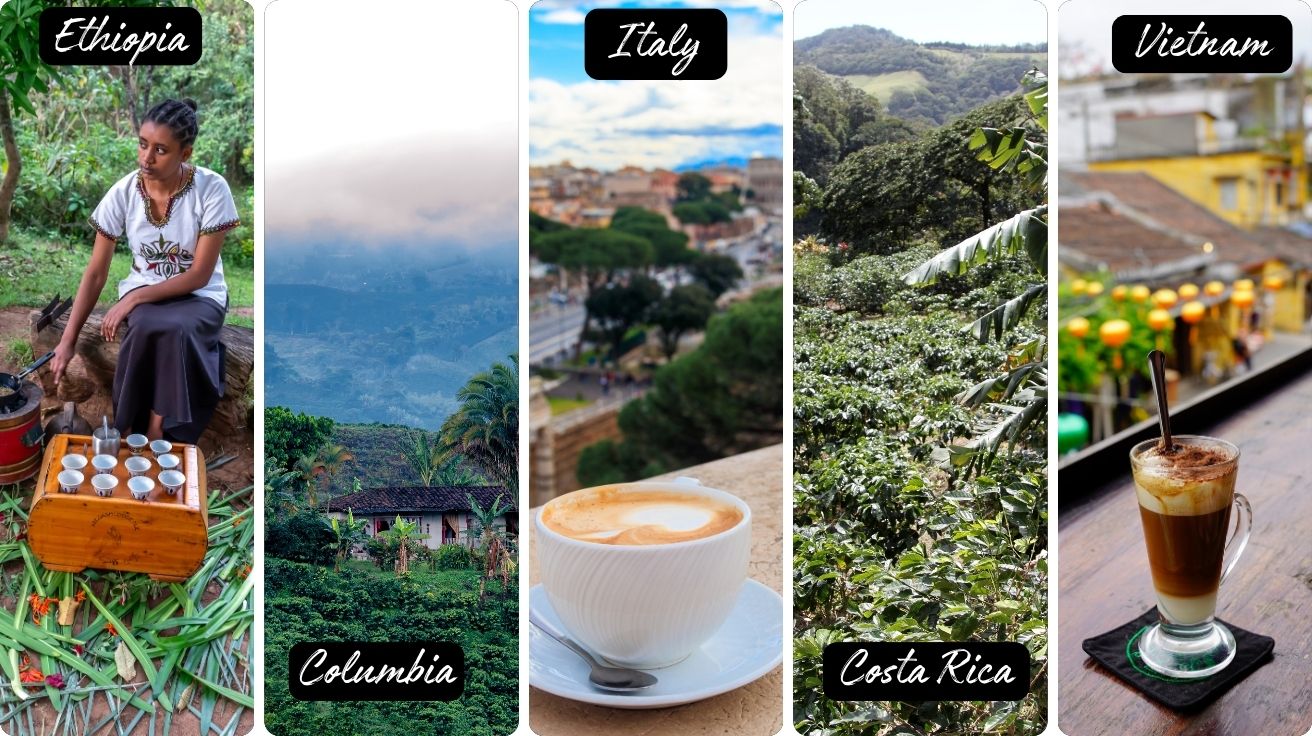Best Coffee Destinations — Collage of Coffee Scenes from Ethiopia, Colombia, Italy, Costa Rica and Vietnam