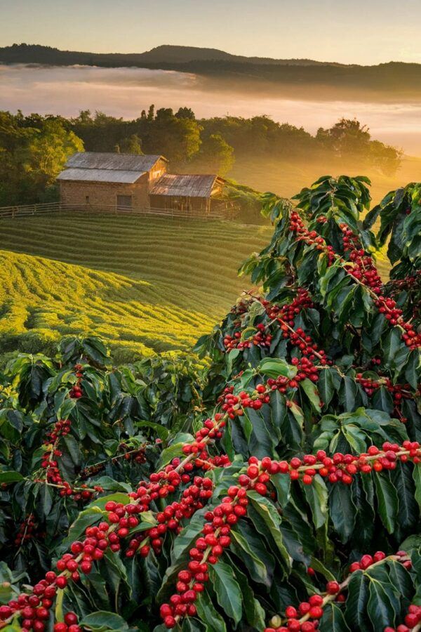 Best Coffee Destinations – Colombian Coffee Hills at Sunrise Best Coffee Destinations — Colombian Coffee Plants with Red Cherries and Sunrise