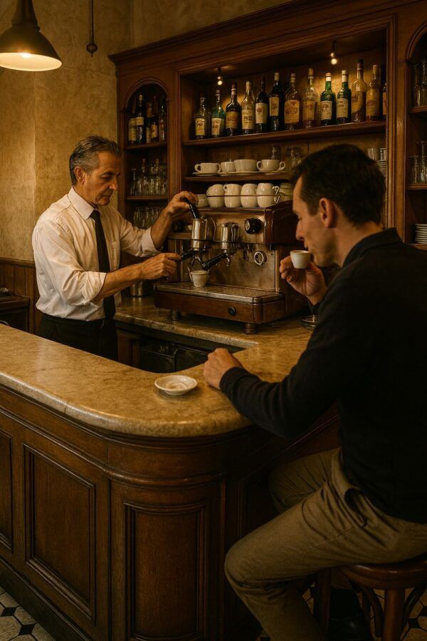 Best Coffee Destinations – Classic Italian Espresso Bar Barista Pulling Espresso Shot in Italian Café