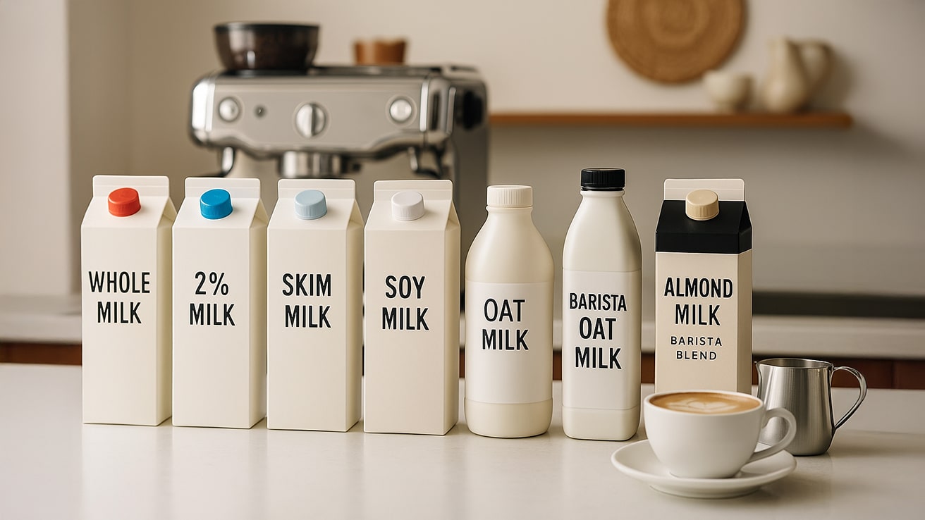 Best Milk for Latte Art — Five Milk Containers Labeled Whole Milk, Almond Milk, 2% Milk, Oat Milk, and Barista Blend Soy Milk in Front of an Espresso Machine