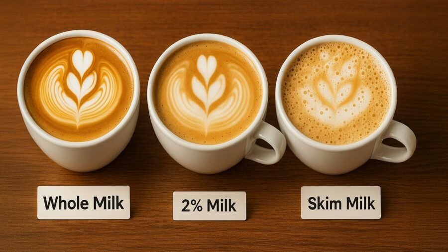 Best Milk for Latte Art — Three lattes with latte art in white mugs showing foam differences: whole milk, 2% milk, and skim milk