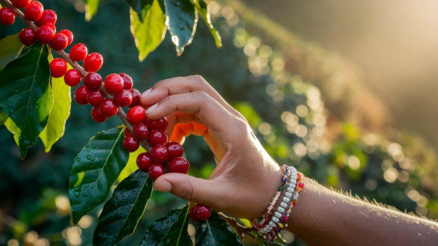 Colombian Coffee Culture — Hand Picking Red Coffee Cherries Colombian Coffee Culture — Hand-Picking Dewy Coffee Cherries in Colombian Plantation