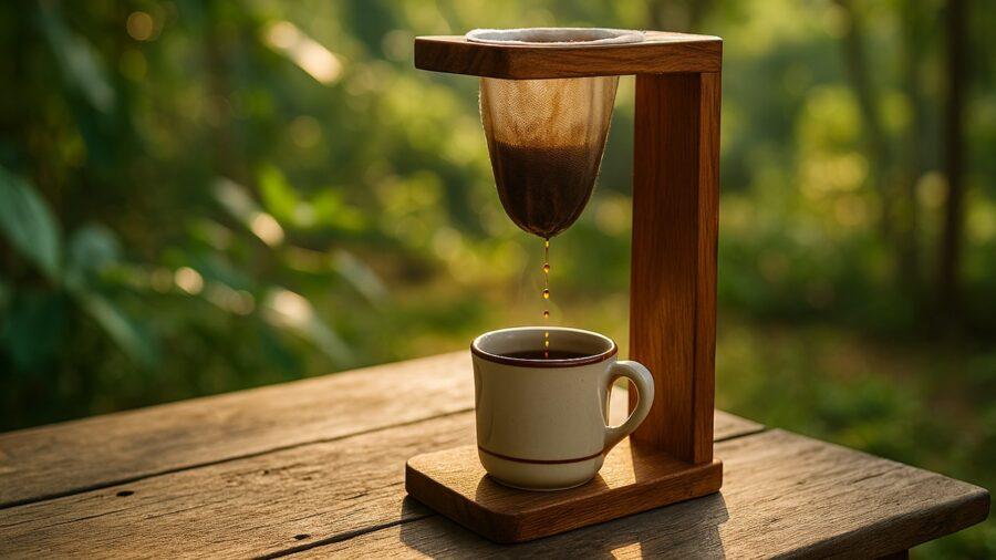 Costa Rican Coffee Culture — Traditional Chorreador Brewing Setup Costa Rican Coffee Culture — Chorreador Dripping Coffee into Ceramic Mug on Rustic Table