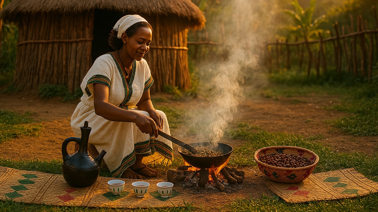 Ethiopian Coffee Culture — Traditional Ethiopian Coffee Ceremony with Woman Roasting Beans Outdoors