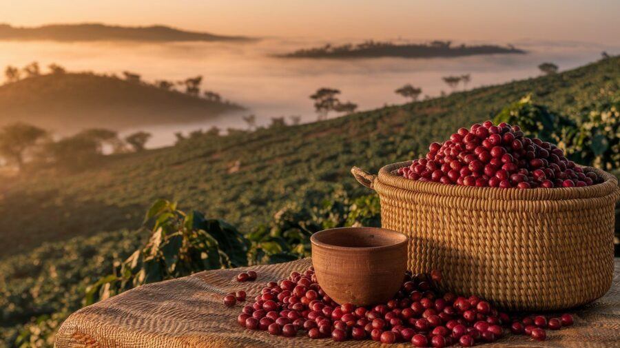 Ethiopian Coffee Culture — Woven Basket of Coffee Cherries in Ethiopian Highlands at Sunrise