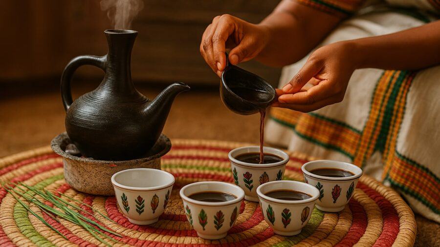 Ethiopian Coffee Culture — Hands Pouring Ethiopian Coffee from Jebena into Ceramic Cups