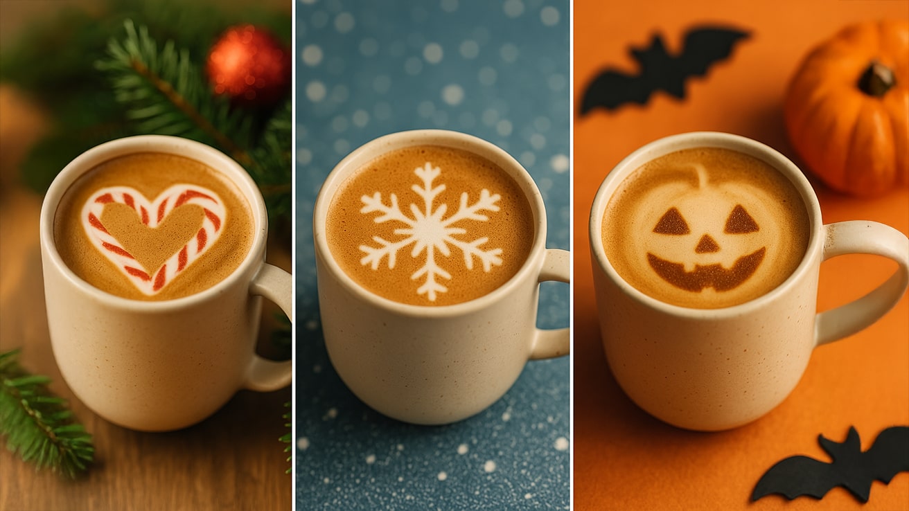 Holiday Latte Art Ideas — Three Latte Art Cups in a Row Showing a Candy Cane Heart, a Snowflake, and a Pumpkin Face Design