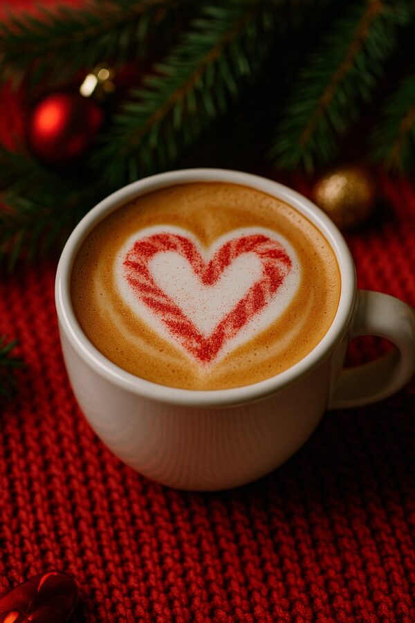 Latte in a White Mug with a Heart-Shaped Foam Art Design Made with Red Sugar, Surrounded by Festive Greenery