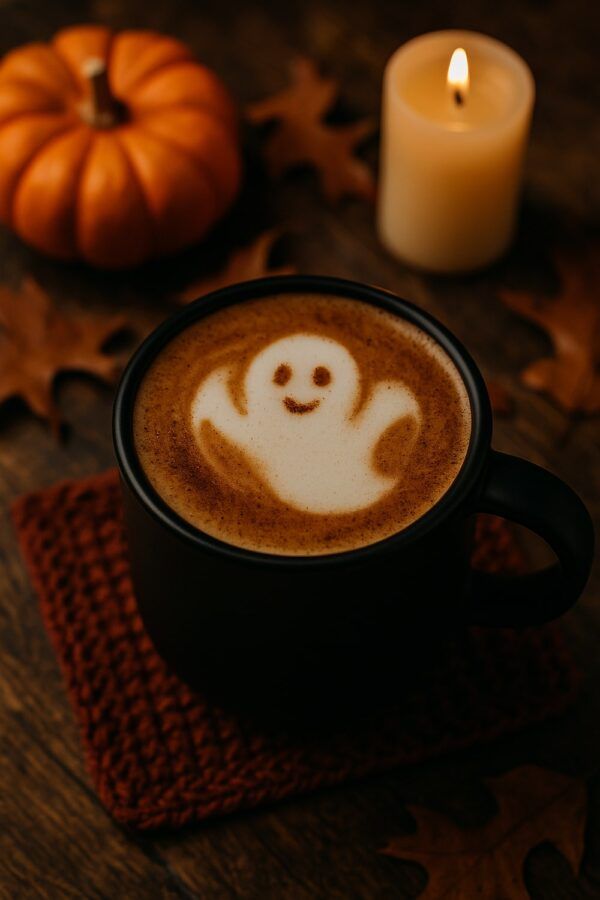Black Mug with Ghost-Shaped Foam Art Next to a Pumpkin, Candle, and Fall Leaves