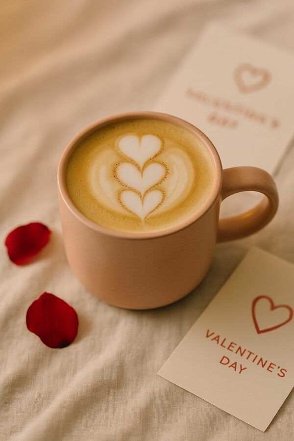 A Pink Ceramic Mug Filled with Latte Art of Three Hearts, Next to Valentine’s Day Cards and rose Petals