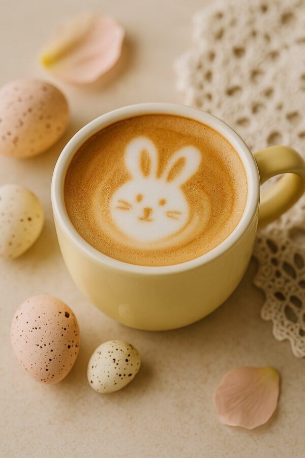 Yellow Ceramic Cup with Bunny Latte Art Surrounded by Pastel Easter Eggs and a Floral Doily
