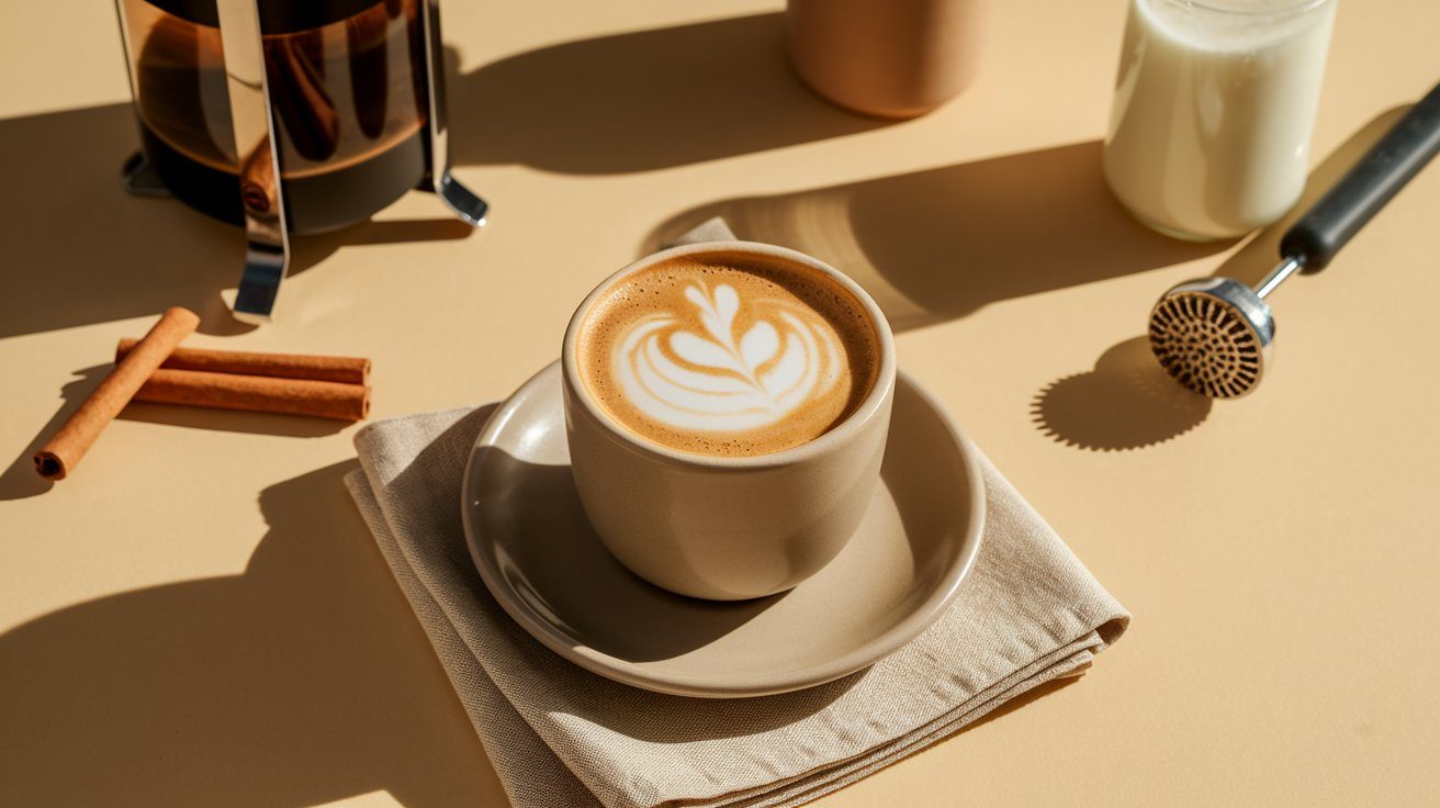 How to Froth Milk at Home — Latte with Foam Art on a Beige Saucer Next to Milk Frother, French Press, and Cinnamon Sticks