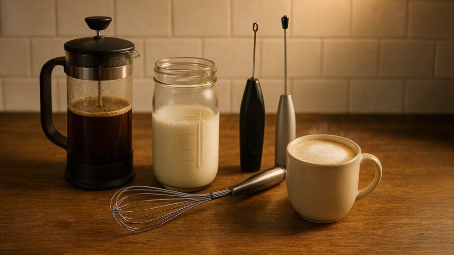 How to Froth Milk at Home — Frothing Tools Laid Out on a Kitchen Counter with a Cup of Foamy Milk