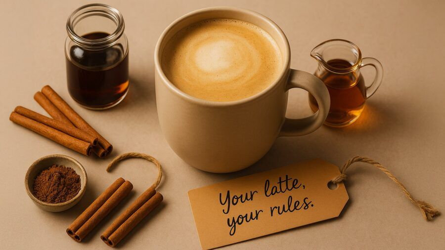 Latte Surrounded by Cinnamon, Vanilla, Cocoa, and Syrup with “Your Latte, Your Rules” Note