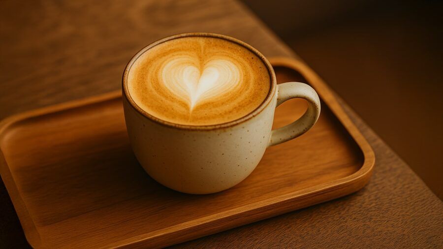 How to Pour Latte Art — Beginner Heart-Shaped Latte Art in Ceramic Mug on a Wooden Tray