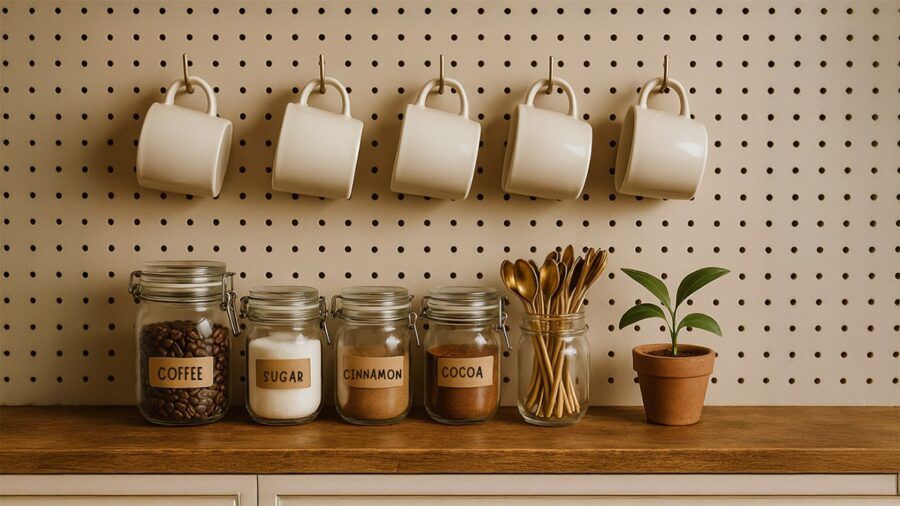 How to Stock a Coffee Bar — Pegboard Coffee Bar with Hanging Mugs and Labeled Glass Jars on a Wooden Counter