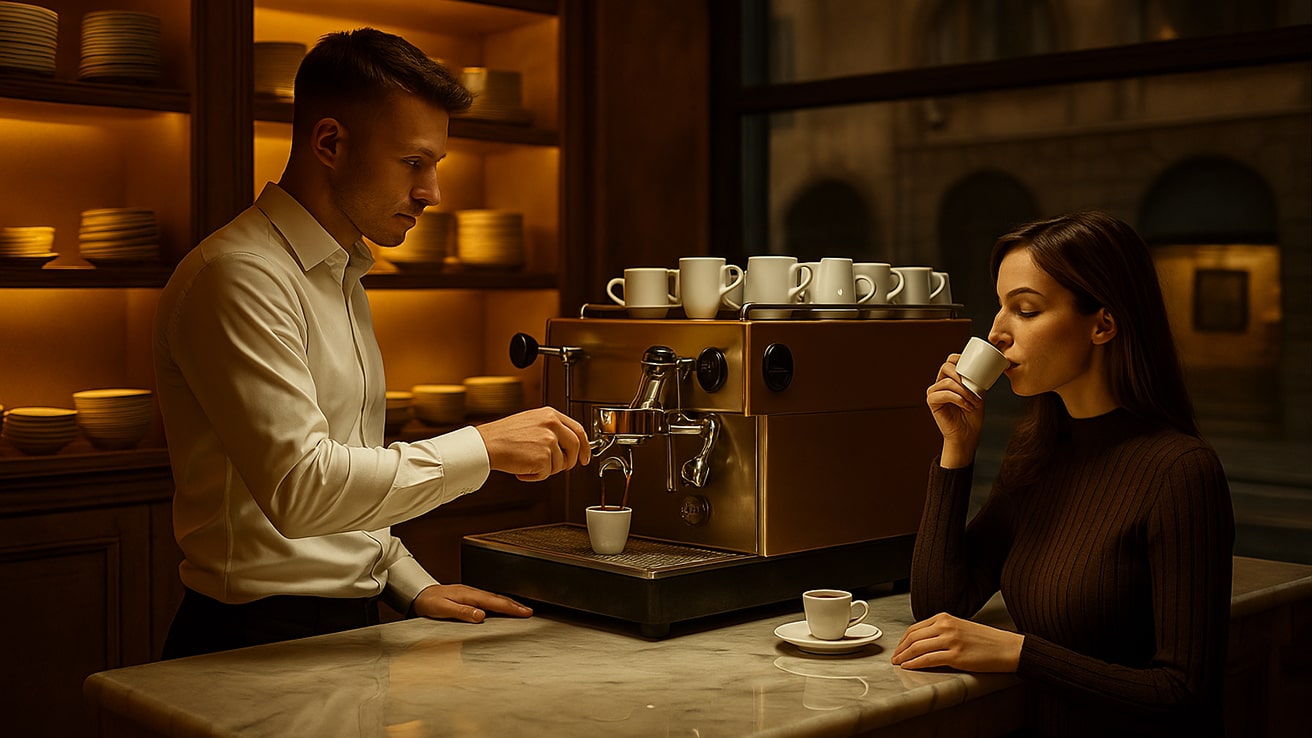 Italian Espresso Culture — Barista Making Espresso at Italian Café Counter
