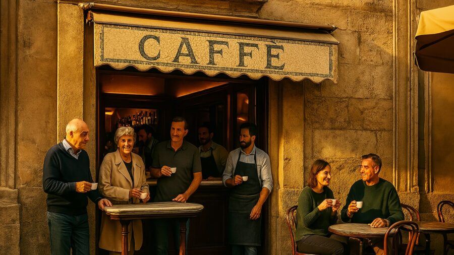 Italian Espresso Culture — Street Café with Locals Drinking Espresso Al Banco