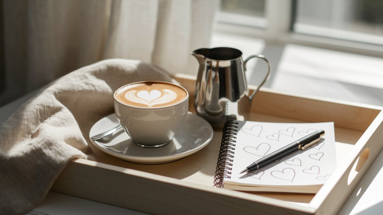 Latte Art Challenge — A Latte with Heart-Shaped Art, Silver Frothing Pitcher, and a Notebook Filled with Hand-Drawn Hearts on a Beige Napkin-Lined Tray