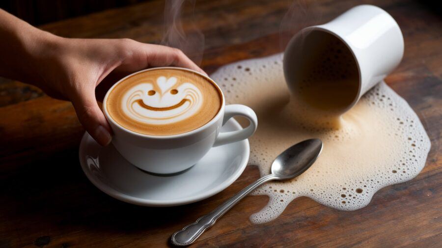 Latte Art Challenge — A Smiley Face Latte in a White Cup, Held Beside a Spilled Mug and Spoon on a Rustic Table