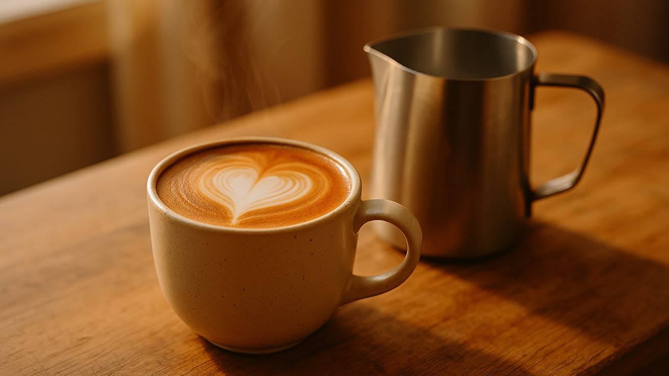 Latte Art for Beginners — Heart-Shaped Latte Art in a Ceramic Mug with a Milk Pitcher Beside It