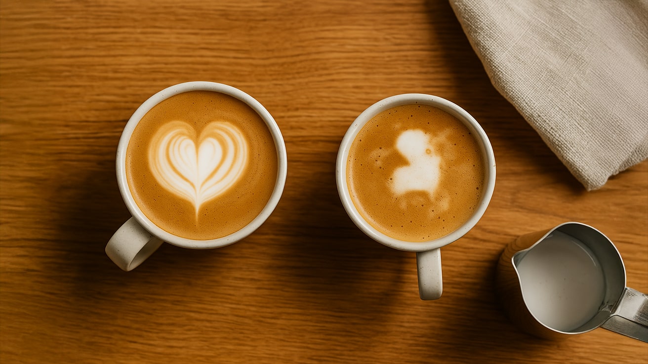 Latte Art Heart Pattern in a Ceramic Mug with Beginner Tools in the Background