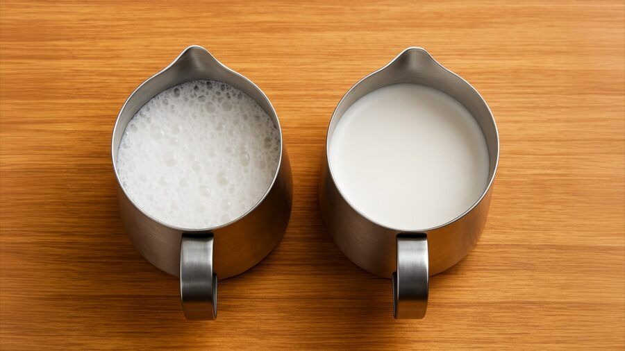Two Pitchers of Milk: One with Over-Frothed Foam, One with Smooth, Glossy Microfoam