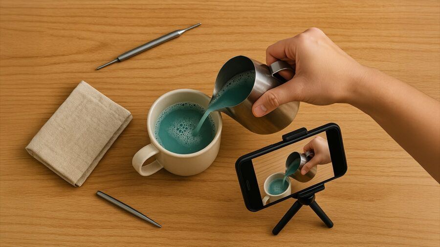 Barista Practicing Latte Art Pouring Technique Using Dish Soap and Water, with a Phone Filming Overhead