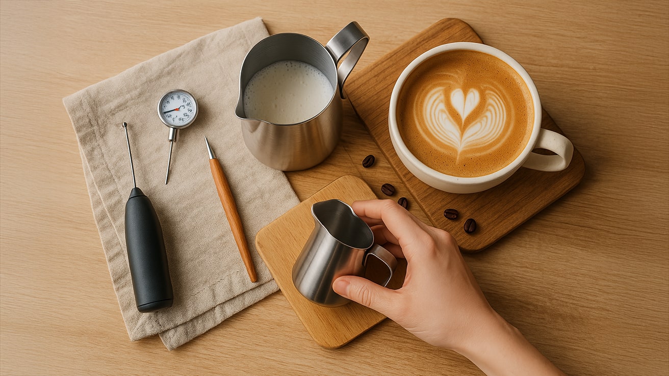 Beginner-Friendly Latte Art Tools Including a Frothing Pitcher, Thermometer, Latte Art Pen, and Heart Latte on a Wooden Surface.