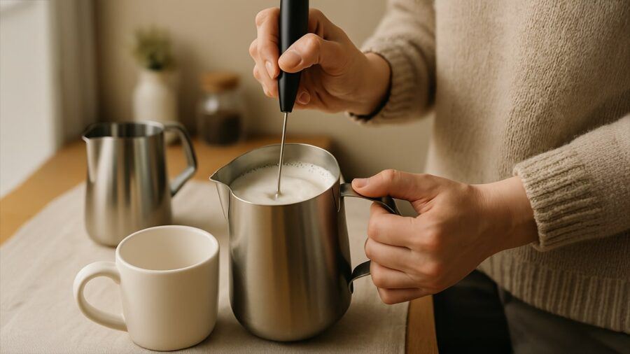 Hands Using a Handheld Milk Frother Inside a Stainless Steel Pitcher, with a Mug and Second Pitcher on the Side