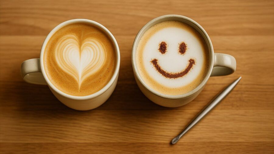 Latte Art Tools — Two Lattes on Wood Surface, One with Heart Art and the Other with a Cocoa-Powder Smiley Face Beside a Latte Art Pen
