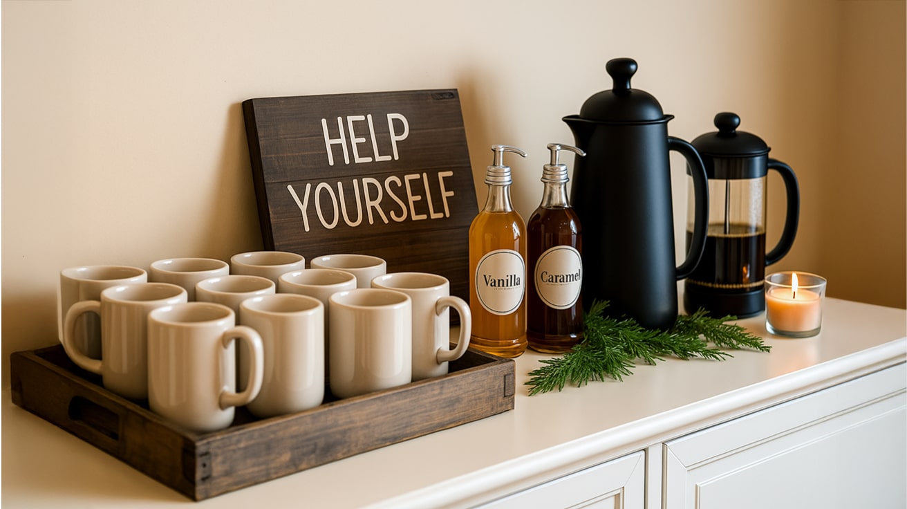 Ceramic Mugs and Syrup Bottles Arranged on a Self-Serve Coffee Bar Beside a French Press